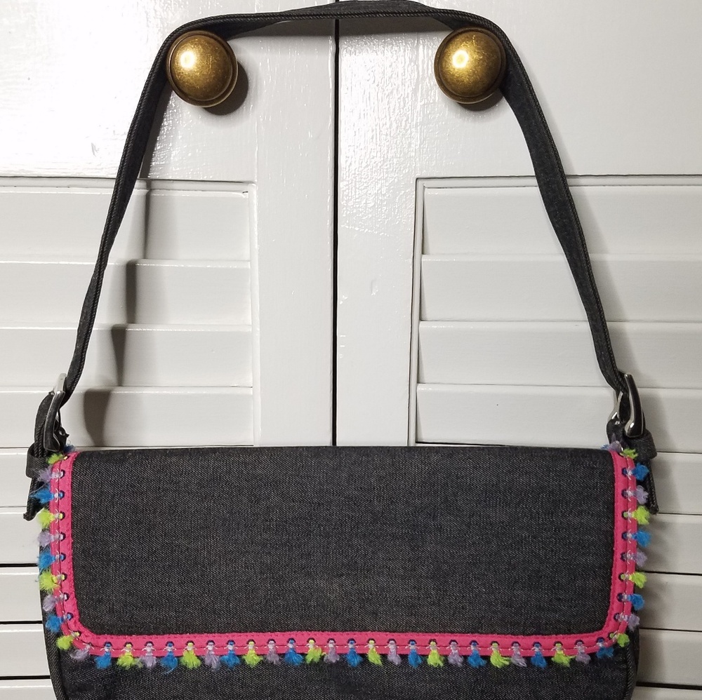 Bloomingdales denim handbag with colorful fringes
